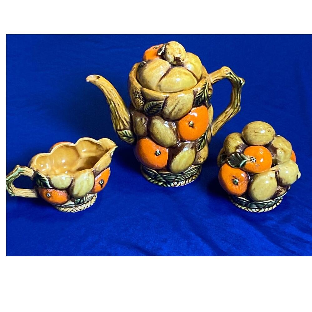 VTG Tea Set Orange Spice by Inarco Tea Pot - Creamer and Lidded Sugar Bowl Set